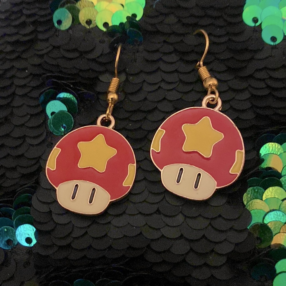 Red Mario bros mushroom gold tone earrings
